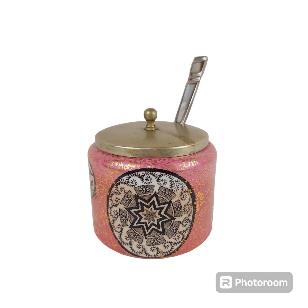 Antique pink Osaka J.K.L Fenton England sugar pot jam jar with spoon